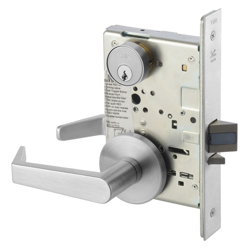 The Yale AUR8805FL 626 Grade 1 storeroom mortise lock features an Augusta lever and CO rose, crafted from brass or bronze with a satin chromium plated finish