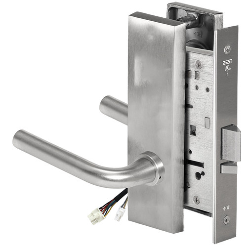 BEST 45HW0NXEL12M626AMRQE12V Fail Safe 12V No Key Override Electrified Mortise Lock 12 Lever M Escutcheon Request to Exit Satin Chrome Antimicrobial