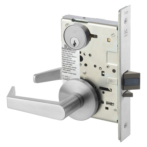 The Yale AUR8808FL 626 Grade 1 classroom mortise lock features an Augusta lever and conventional cylinder in a satin chromium finish, showcasing its robust and sleek design