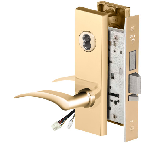 BEST 45HW7TDEU17LM605RQE Fail Secure 24V With Deadbolt Electrified Mortise Lock 17 Lever M Escutcheon Left Hand Request to Exit Bright Brass