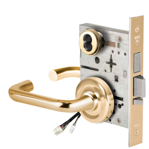 BEST 45HW7TDEU3R605RQE Fail Secure 24V With Deadbolt Electrified Mortise Lock 3 Lever R Rose Request to Exit Bright Brass