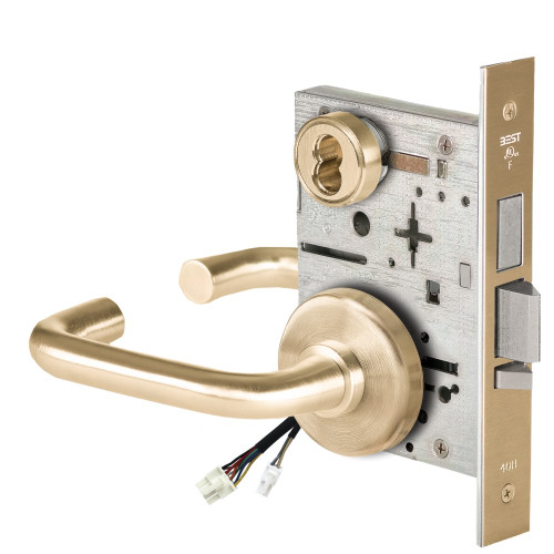 BEST 45HW7TDEL3H606RQE Fail Safe 24V With Deadbolt Electrified Mortise Lock 3 Lever H Rose Request to Exit Satin Brass