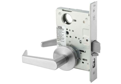 The Yale AUR8807FL 626 LC mortise lock features a sleek Augusta lever on a satin chromium plated finish, showcasing a robust design with a visible dead latch mechanism