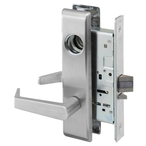 The Yale AUCN8805FL 626 LC Grade 1 mortise lock features a satin chromium plated finish with an Augusta lever and CN escutcheon, designed for commercial use