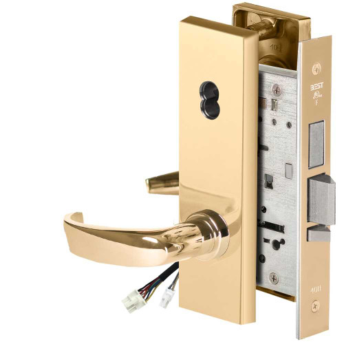BEST 45HW7TDEL14N605RQE Fail Safe 24V With Deadbolt Electrified Mortise Lock 14 Lever N Escutcheon Request to Exit Bright Brass 45HW7TDEL14N605RQE