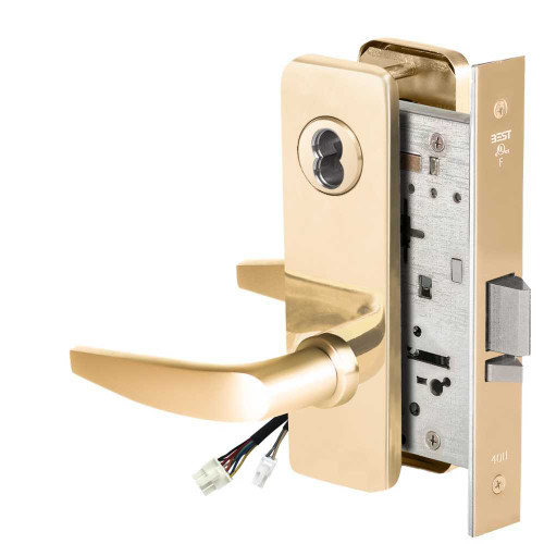 BEST 45HW7WEU16J60512V Fail Secure 12V Double Cylinder Electrified Mortise Lock 16 Lever J Escutcheon Bright Brass 45HW7WEU16J60512V
