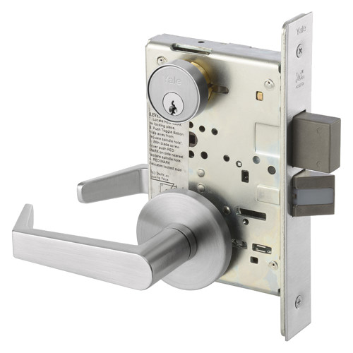 The Yale AUR8860FL 626 Mortise Lock features a sleek Augusta lever and R Rose design, finished in satin chromium plating, showcasing its robust construction suitable for commercial use