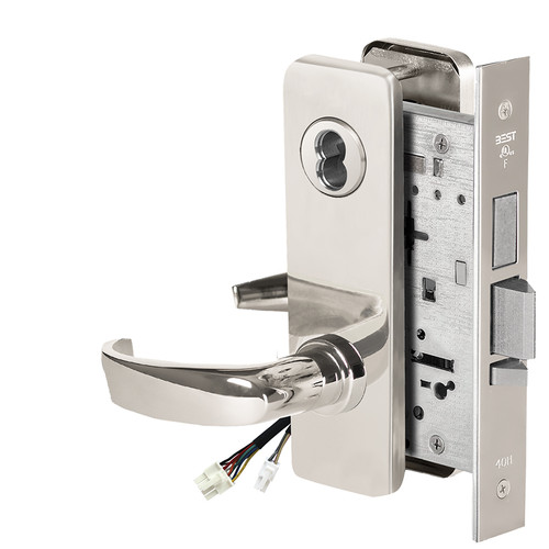 BEST 45HW7TWEU14J625RQE Fail Secure 24V Double Cylinder with Deadbolt Electrified Mortise Lock 14 Lever J Escutcheon Request to Exit Bright Chrome
