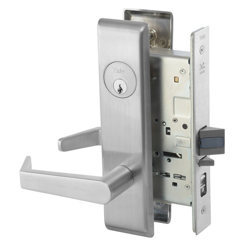 The Yale AUCN8808FL 626 mortise lock features a satin chromium plated finish with an Augusta lever and CN escutcheon, designed for robust commercial use