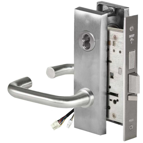 BEST 45HW7TDEU3M626AMRQE Fail Secure 24V With Deadbolt Electrified Mortise Lock 3 Lever M Escutcheon Request to Exit Satin Chrome Antimicrobial 45HW7TDEU3M626AMRQE