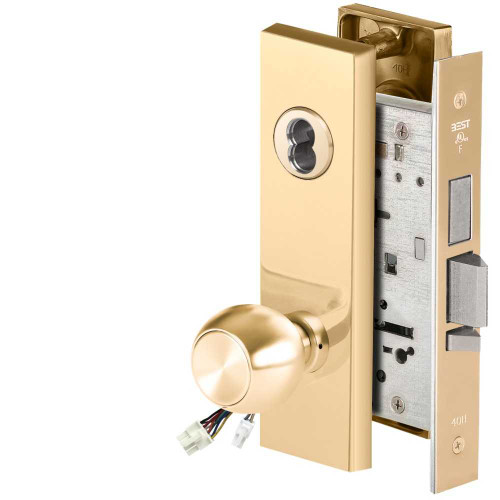 BEST 45HW7TDEU4M605 Fail Secure 24V With Deadbolt Electrified Mortise Lock 4 Knob M Escutcheon Bright Brass 45HW7TDEU4M605