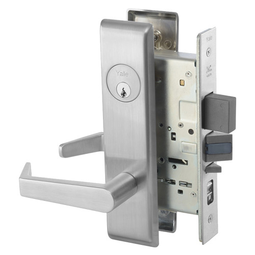 The Yale AUCN8847FL 626 Mortise Lock features a satin chromium plated finish with an Augusta lever and CN escutcheon, showcasing a robust and sleek design for commercial use