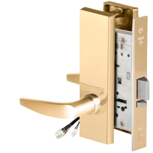 BEST 45HW0NXEU16M605RQE12V Fail Secure 12V No Key Override Electrified Mortise Lock 16 Lever M Escutcheon Request to Exit Bright Brass 45HW0NXEU16M605RQE12V