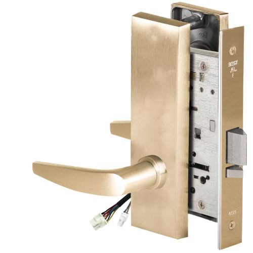 BEST 45HW0NXEU16M606RQE Fail Secure 24V No Key Override Electrified Mortise Lock 16 Lever M Escutcheon Request to Exit Satin Brass