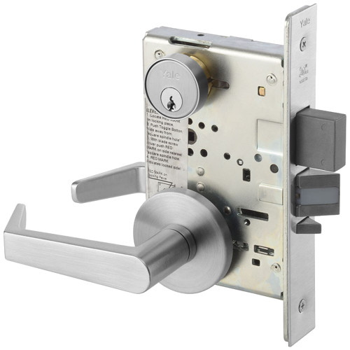 The Yale AUR8847FL 626 mortise lock features a satin chromium plated finish, Augusta lever, and conventional cylinder, designed for apartment or dormitory entrances