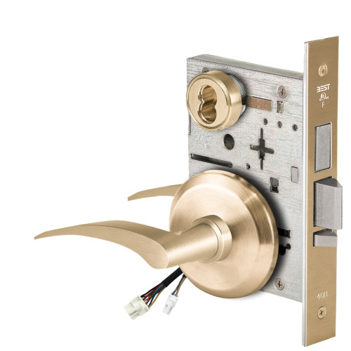 BEST 45HW7TDEL17LS606RQE12V Fail Safe 12V With Deadbolt Electrified Mortise Lock 17 Lever S Rose Left Hand Request to Exit Satin Brass