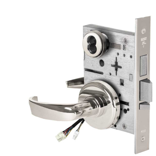 BEST 45HW7TDEU14H629RQE12V Fail Secure 12V With Deadbolt Electrified Mortise Lock 14 Lever H Rose Request to Exit Bright Stainless Steel 45HW7TDEU14H629RQE12V