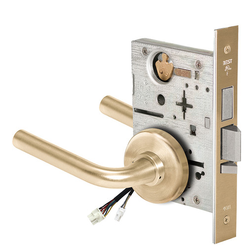 BEST 45HW0LEL12H606RQE12V Fail Safe 12V With Deadbolt No Key Override Electrified Mortise Lock 12 Lever H Rose Request to Exit Satin Brass