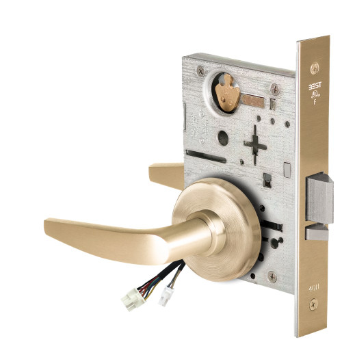 BEST 45HW0DEU16H606RQE 45HW Series Electromechanical Mortise Lock Less Core Housing Electronically Unlocked Curved/No Return Lever Style Request to Exit 2-3/4 Diameter Trim Style Satin Brass