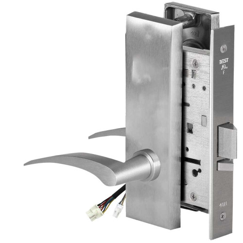 BEST 45HW0NXEL17LM626AM12V Fail Safe 12V No Key Override Electrified Mortise Lock 17 Lever M Escutcheon Left Hand Satin Chrome Antimicrobial 45HW0NXEL17LM626AM12V
