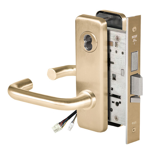 BEST 45HW7TWEU3J606RQE12V Fail Secure 12V Double Cylinder with Deadbolt Electrified Mortise Lock 3 Lever J Escutcheon Request to Exit Satin Brass