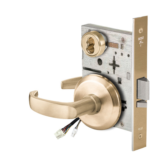 BEST 45HW7WEL14S606RQE12V Fail Safe 12V Double Cylinder Electrified Mortise Lock 14 Lever S Rose Request to Exit Satin Brass