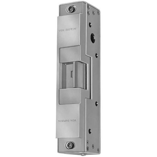 Von Duprin 6121 24V 32D Grade 1 Electric Strike Fail Secure Electrically Unlocked 24 VDC For use with Rim Exit Devices on Double Doors Closed Back Hollow Metal Aluminum or Wood Frame Satin Stainless Steel Finish 6121 24V 32D