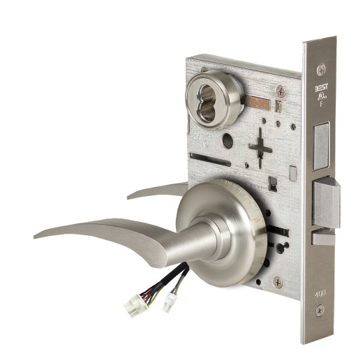 BEST 45HW7TWEU17RR619RQE12V Fail Secure 12V Double Cylinder with Deadbolt Electrified Mortise Lock 17 Lever R Rose Right Hand Request to Exit Satin Nickel