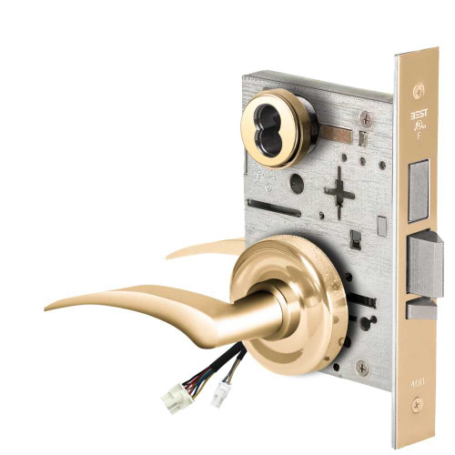 BEST 45HW7TWEU17LR605RQE Fail Secure 24V Double Cylinder with Deadbolt Electrified Mortise Lock 17 Lever R Rose Left Hand Request to Exit Bright Brass 45HW7TWEU17LR605RQE