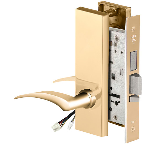 BEST 45HW0LEL17RM605RQE12V Fail Safe 12V With Deadbolt No Key Override Electrified Mortise Lock 17 Lever M Escutcheon Right Hand Request to Exit Bright Brass