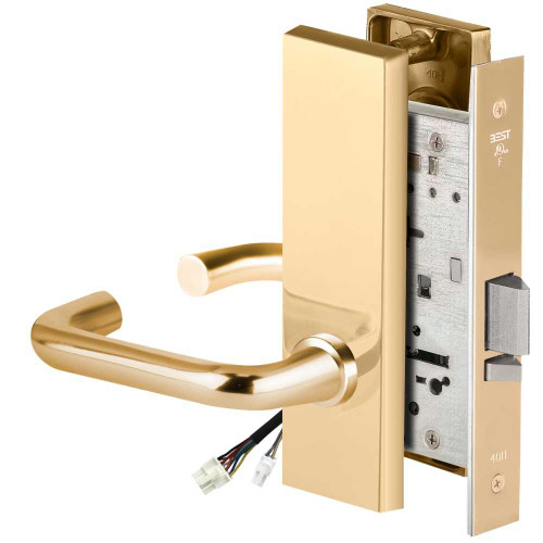 BEST 45HW0NXEU3M605RQE12V Fail Secure 12V No Key Override Electrified Mortise Lock 3 Lever M Escutcheon Request to Exit Bright Brass 45HW0NXEU3M605RQE12V