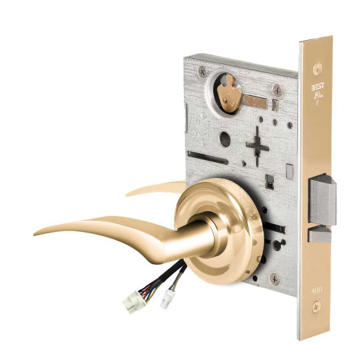 BEST 45HW0NXEU17RR605 Fail Secure 24V No Key Override Electrified Mortise Lock 17 Lever R Rose Right Hand Bright Brass 45HW0NXEU17RR605