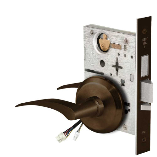 BEST 45HW0LEL17LS611 Fail Safe 24V With Deadbolt No Key Override Electrified Mortise Lock 17 Lever S Rose Left Hand Bright Bronze 45HW0LEL17LS611
