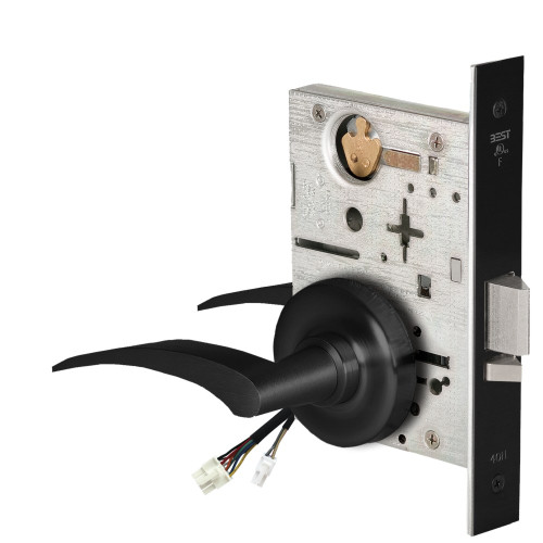 BEST 45HW0NXEU17RR622RQE12V Fail Secure 12V No Key Override Electrified Mortise Lock 17 Lever R Rose Right Hand Request to Exit Flat Black