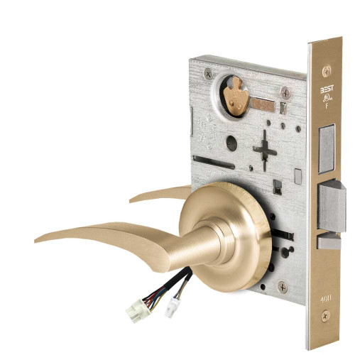 BEST 45HW0LEL17LR606RQE Fail Safe 24V With Deadbolt No Key Override Electrified Mortise Lock 17 Lever R Rose Left Hand Request to Exit Satin Brass 45HW0LEL17LR606RQE