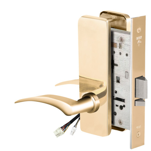 BEST 45HW0NXEU17RJ605RQE12V Fail Secure 12V No Key Override Electrified Mortise Lock 17 Lever J Escutcheon Right Hand Request to Exit Bright Brass