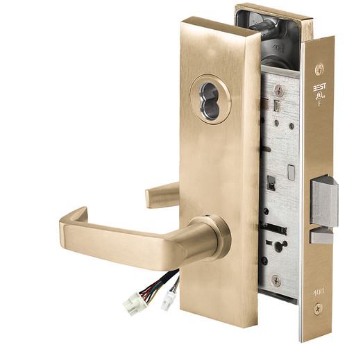 BEST 45HW7WEL15M606RQE12V Fail Safe 12V Double Cylinder Electrified Mortise Lock 15 Lever M Escutcheon Request to Exit Satin Brass