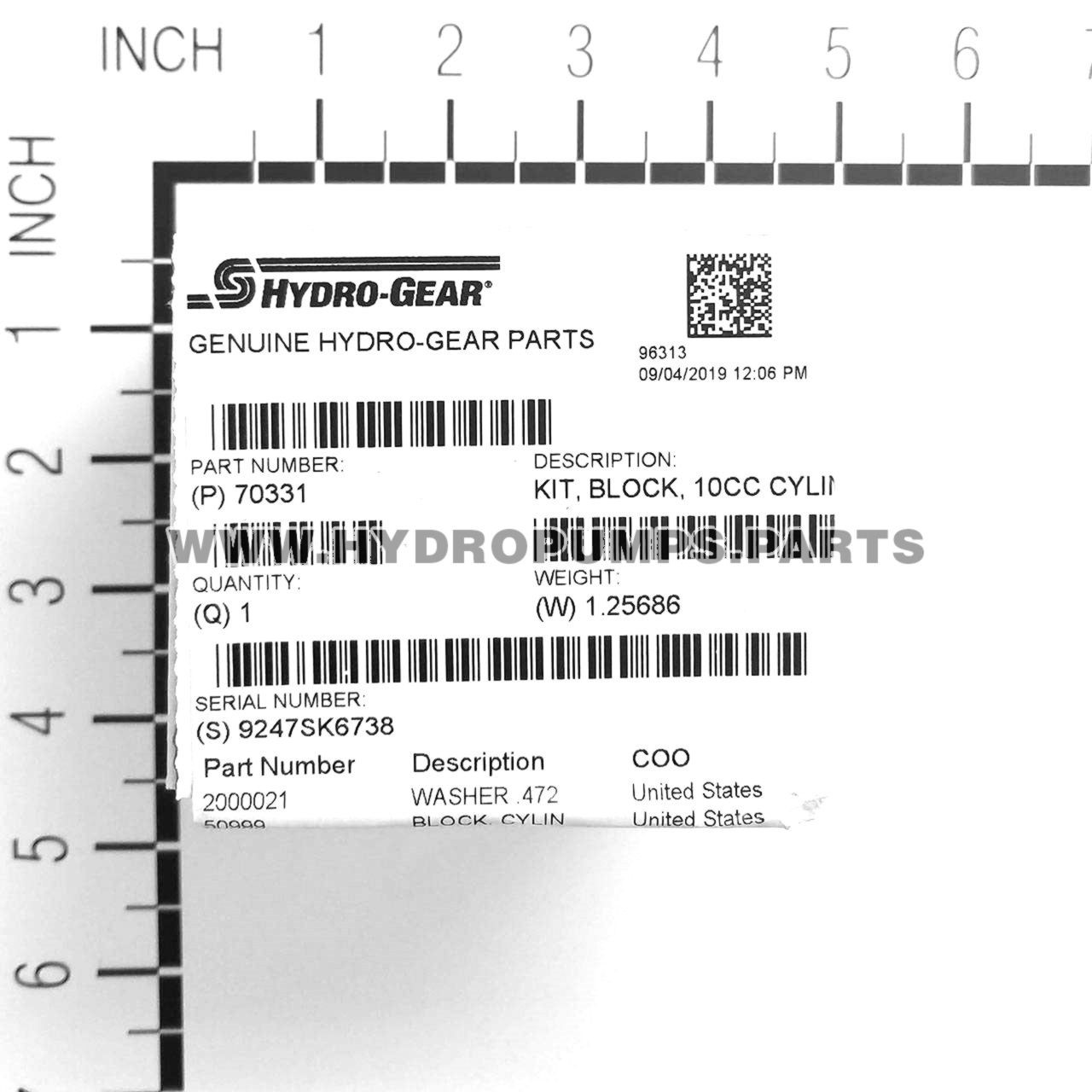 Hydro Gear 70331 - Kit Block 10cc Cylinder