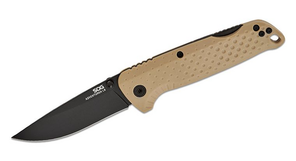 Sog Adventurer Lb Lockback Folding Knife 3" Black Pvd Drop Point Blade, Fde Flat Dark Earth Grn Handles