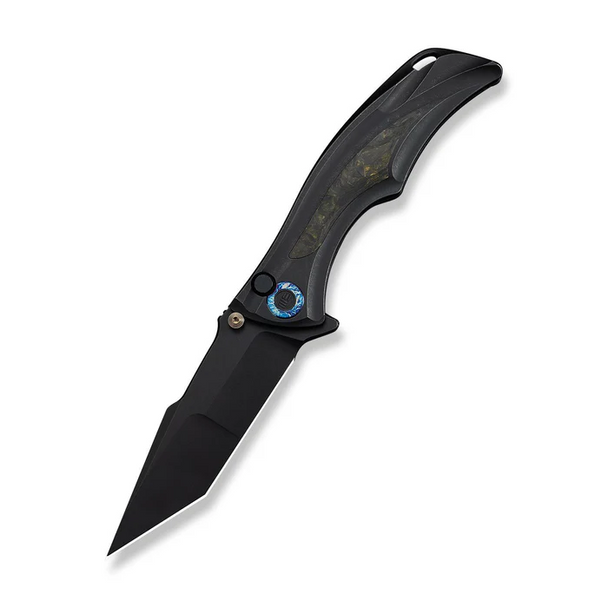 Tighe Down Flipper & Thumb Stud & Button Lock Knife Black Titanium Integral Handle With Black & Yellow Carbon Fiber Inlay (4" Black Stonewashed Bohler M390 Blade, Tanto)