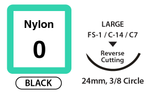 Nylon Surgical Sutures, Size 0, 18" Thread with 24mm 3/8 Circle R/C Needle. Black. Box of 12.