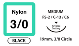 Nylon Surgical Sutures, Size 3/0, 30" Thread with 19mm 3/8 Circle R/C Needle. Black. Box of 12.