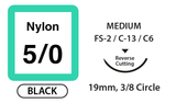 Nylon Surgical Sutures, Size 5/0, 10" Thread with 19mm 3/8 Circle R/C Needle. Black. Box of 12.