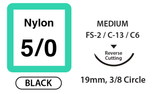 Nylon Surgical Sutures, Size 5/0, 18" Thread with19mm 3/8 Circle R/C Needle. Black. Box of 12.