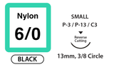 Nylon Surgical Sutures, Size 6/0, 10" Thread with 13mm 3/8 Circle R/C Needle. Black. Box of 12.