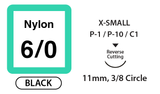 Nylon Surgical Sutures, Size 6/0, 18" Thread with 11mm 3/8 Circle R/C Needle. Black. Box of 12.