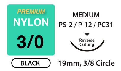 Premium+ Nylon Surgical Sutures, Size 3/0, 18" Thread with 19mm 3/8 Circle R/C Needle. Black. Box of 12.