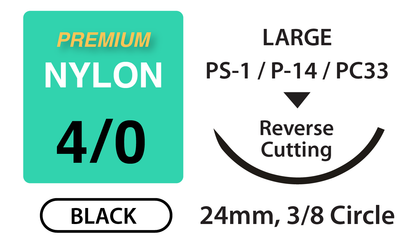 Premium+ Nylon Surgical Sutures, Size 4/0, 27" Thread with 24mm 3/8 Circle R/C Needle. Black. Box of 12.
