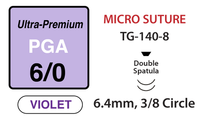 Ultra-Premium PGA MicroSutures, Size 6/0, 12" Thread with 6.4mm 3/8 Circle Double Spatula Needles, 12". Violet. Box of 12.