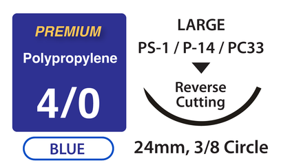 Premium+ Polypropylene Surgical Sutures, Size 4/0, 27" Thread with 24mm 3/8 Circle R/C Needle. Blue. Box of 12.